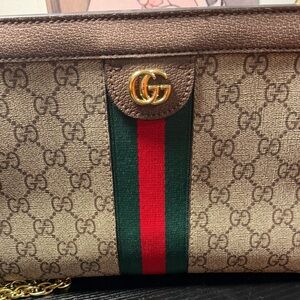 Gucci Beige and Brown Shoulder Bag with Red and Green Stripe